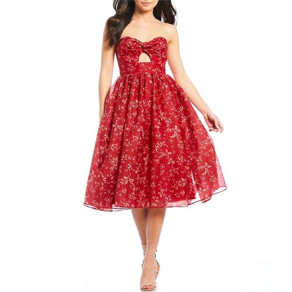 Keepsake The Label Scarlet Floral Distraction Strapless Fit & Flare Midi Dress